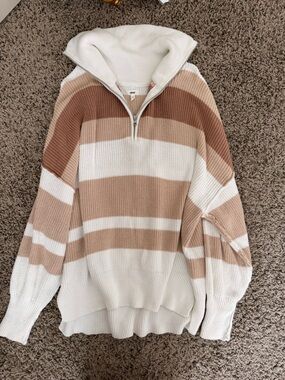 aerie Cream and Tan Striped Half-Zip Turtleneck Sweater